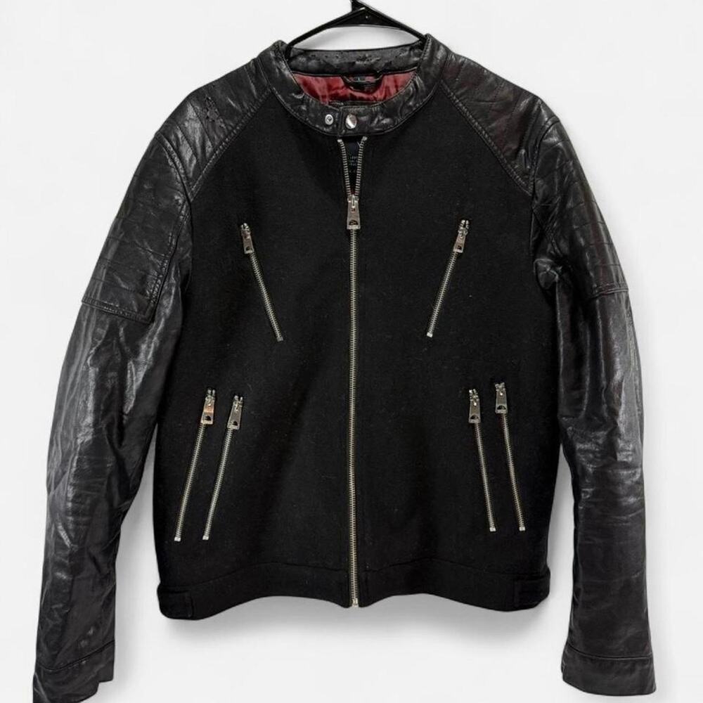 Guess Wool Leather Moto Biker Jacket Men XL Black Quilted Zip Y2K Punk